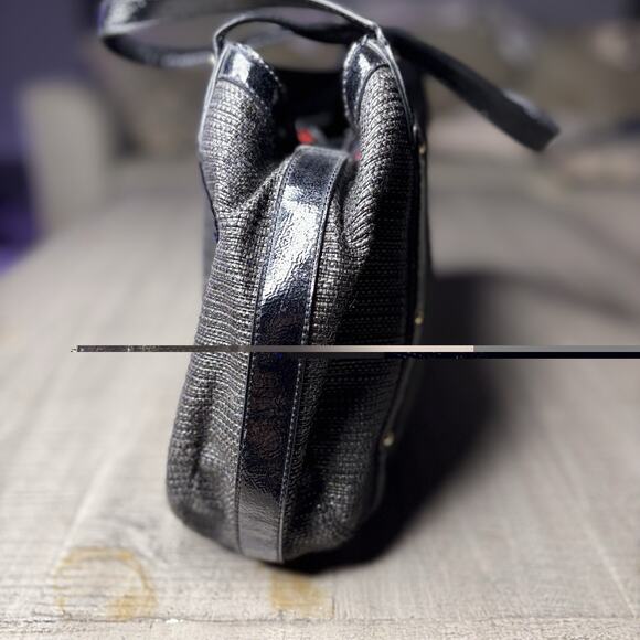 Y2K BANANA REPUBLIC Handbag Woven Faux Patent Leather Trim Black 16X9X3.5” - Picture 4 of 5